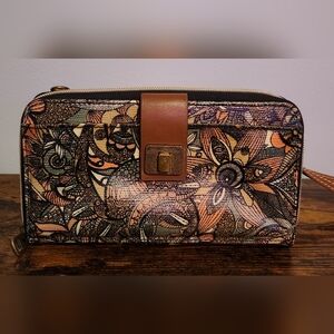 Sakroots Large Coated Canvas Smartphone Wallet with Brown Leather Strap. EUC